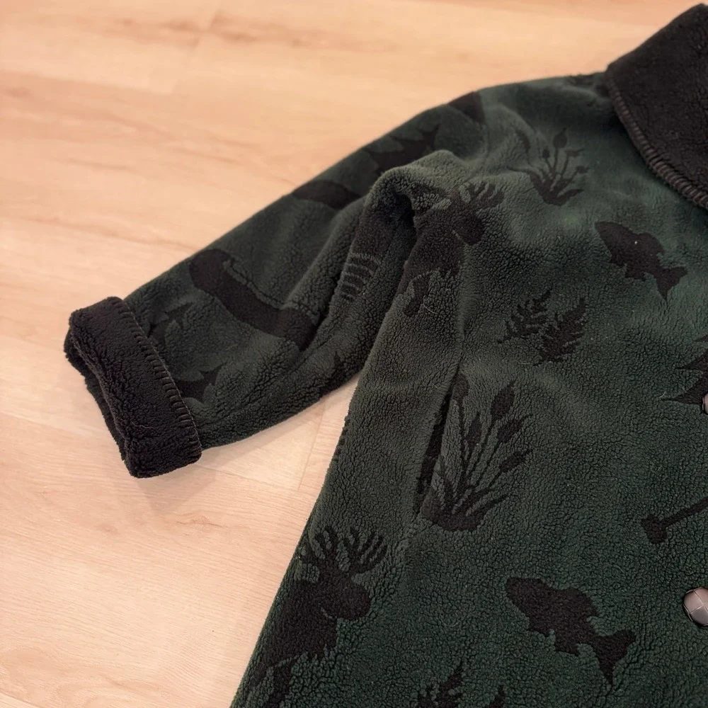 VTG! Denali Reversible Fleece Coat Cabin Print Shawl Collar Long Sleeve Green M - Picture 10 of 16